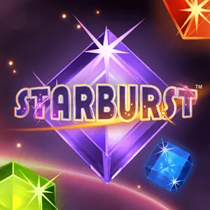 Starburst fra NetEnt: fargede edelstener på en mørk bakgrunn med stjerner
