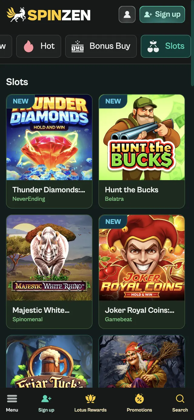 Mobilvy av kategorin Slots på Spinzens engelska webbplats, med spelrutor i två kolumner och flikarna Hot, Bonus Buy och Slots